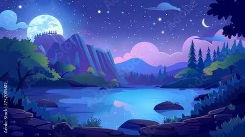 Dark cartoon landscape at night with a forest lake at the foot of a mountain. Dusk modern natural landscape with bushes and trees on the pond shore, rocky hills, and a starry sky.