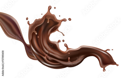 Chocolate liquid splashing in the middle isolated on solid color background, Vector realistic in 3d illustration.