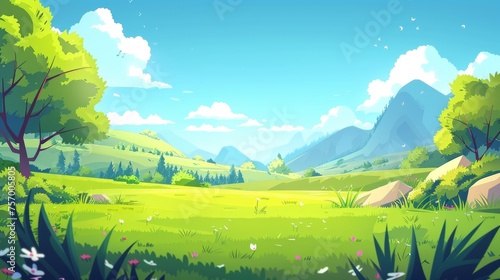 Nature landscape with green grass  bushes  trees  and blue skies near hills at the foot of high mountains. Cartoon modern panoramic scene with grassland and clouds. Countryside scene.