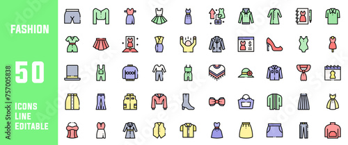 50 Fashion Icons Set Line Editable Vector Illustration