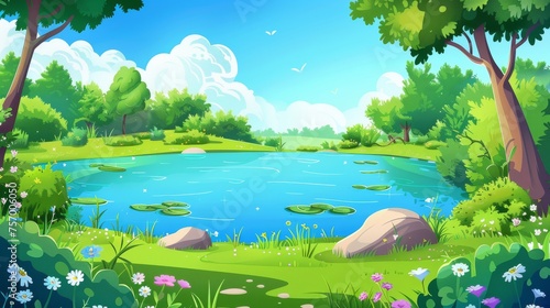 Illustration of a summer landscape with a lake on a sunny day. Blue water in the pond is surrounded by green grass and flowers, bushes and trees. The sky is dotted with white clouds.