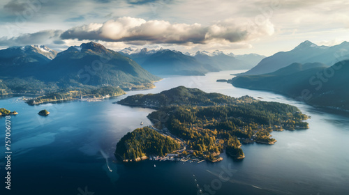 An aerial view of beautiful mountains near the ocean