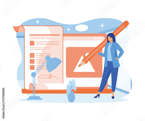 Content writer, article or newspaper creation, bullet journalist, publishing editor, news update, work business and marketing concepts. flat vector modern illustration