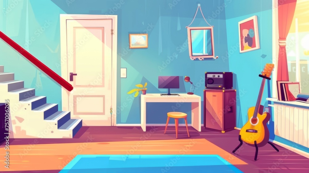 Home interior with entrance door, stairs, office workstation with desk and cabinet, music area with guitar and piano. Horizontal cartoon apartment or house indoor. Home interior with entrance door, stairs, office workstation with desk and cabinet, music area with guitar and piano. Horizontal cartoon apartment or house indoor.