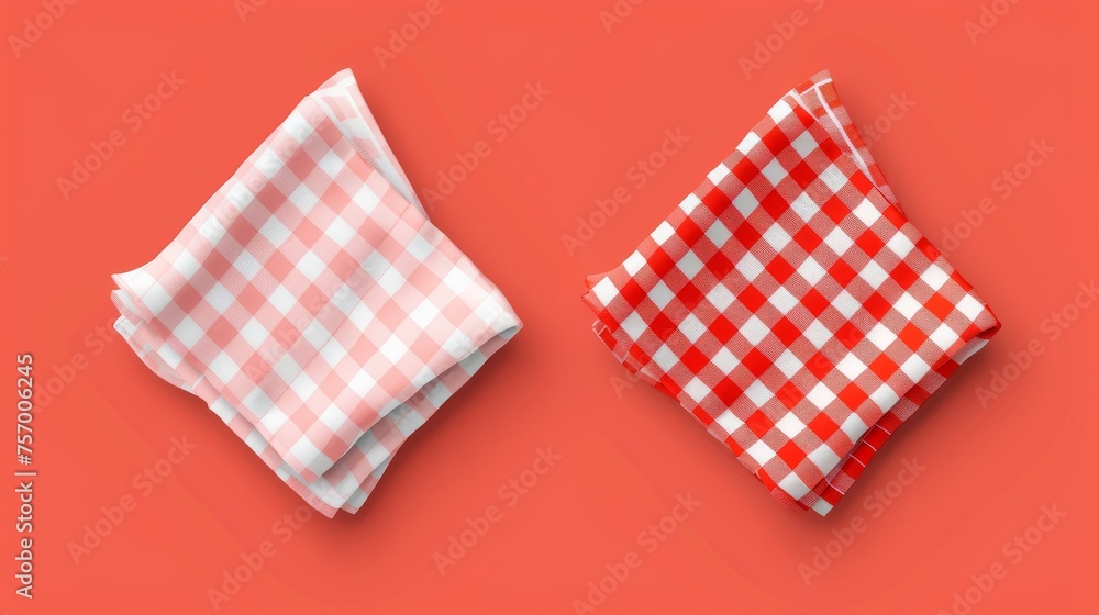 Mockup with white empty and red gingham handkerchief - realistic modern illustration of folded cloth napkin or kitchen towel top view. Textile tablecloth or restaurant serviette template. Mockup with white empty and red gingham handkerchief - realistic modern illustration of folded cloth napkin or kitchen towel top view. Textile tablecloth or restaurant serviette template.