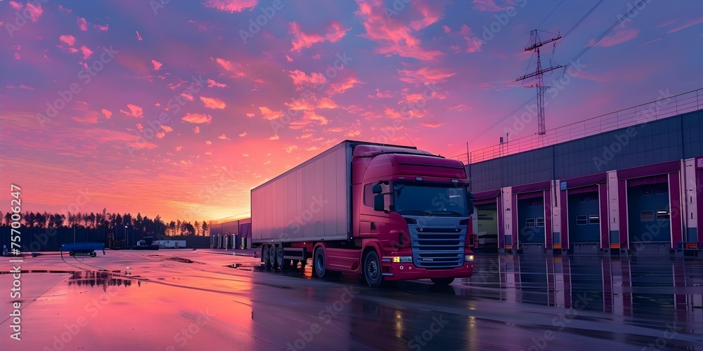 Truck parked outside warehouse at dusk with colorful sunset in background. Concept Industrial, Transportation, Sunset, Warehouse, Truck - obrazy, fototapety, plakaty 