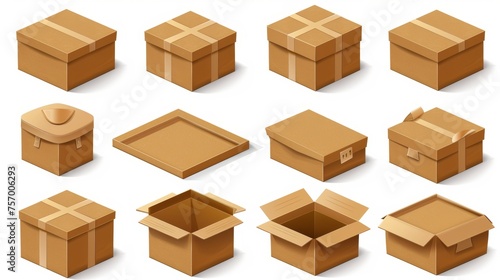 Decorative brown cardboard box mockups set isolated on white background. Modern illustration of open and closed 3D carton product packages.