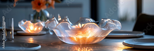 Jellyfish aesthetics - jelly, smoothness and volume of forms in table setting. Banner.