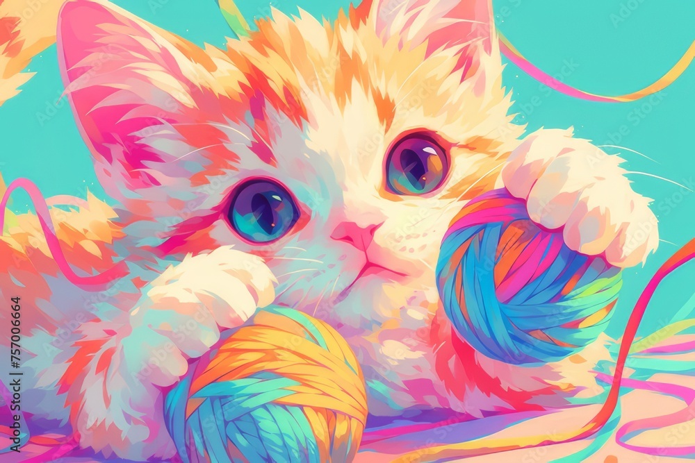 Super cute illustration of a fluffy kitten playing with a yarn ball. Super cute illustration of a fluffy kitten playing with a yarn ball.
