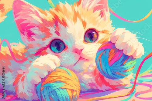 Super cute illustration of a fluffy kitten playing with a yarn ball.