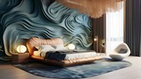 a bedroom with fluid, undulating furniture that evokes the soothing rhythm of ocean waves, incorporating lava-inspired textures and colors to add warmth and intensity