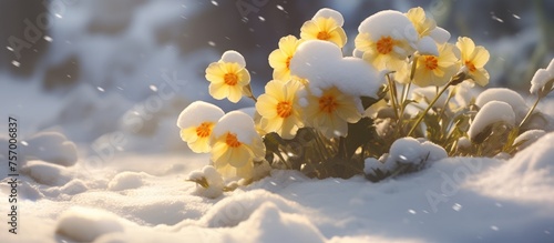 A beautiful scene of yellow flowers from the rose family blanketed in snow, creating a stunning contrast of colors in the winter landscape