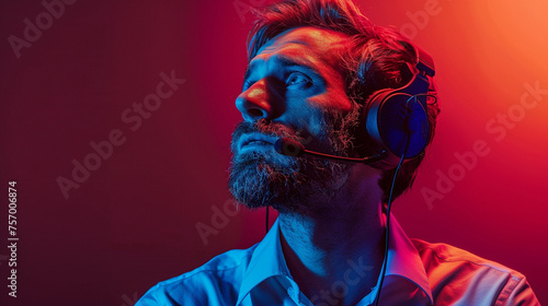 a business man with a headset and a microphone on solid color background with copyspace © AI ARTS
