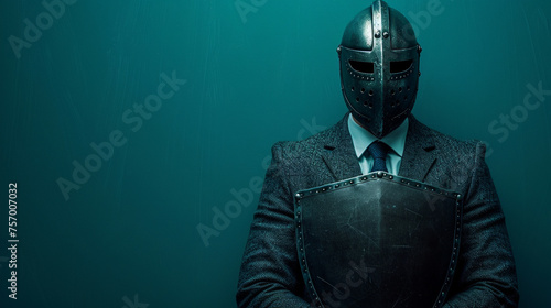 a business man with a helmet and a shield on solid color background with copyspace photo