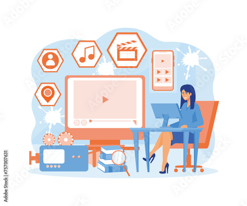 Video marketing by vlogger creation film production and online content. Motion graphic education. flat vector modern illustration