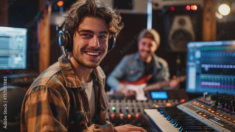 Portrait of male sound producer working on mixing console in recording studio. Portrait of male sound producer working on mixing console in recording studio.