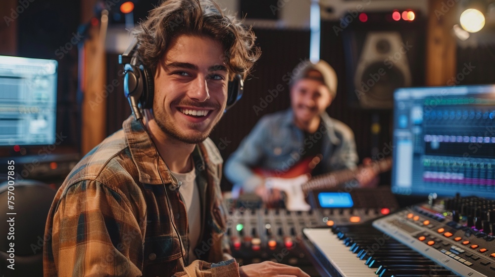 Portrait of male sound producer working on mixing console in recording studio.