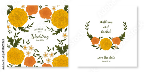 Watercolor Marigold Flower Boorder Wedding Invitation Template with Autumn Theme