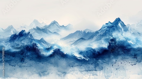 The abstract art landscape banner design uses a watercolor texture modern with a blue brush stroke texture in a vintage style of Japanese ocean wave patterns. © Mark