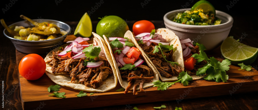 Authentic Mexican tacos with beer on wooden table