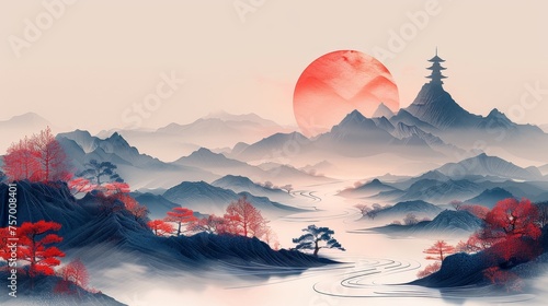 An abstract landscape template in oriental style featuring a line pattern.