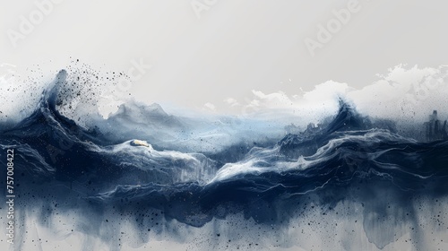 A black and white brush stroke texture with Japanese ocean wave pattern in a vintage style. One of the most popular abstract art landscape banner designs with a watercolor texture in this design. photo