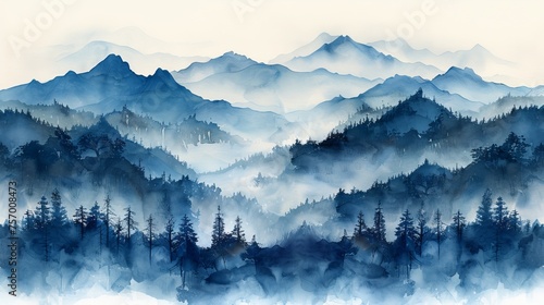 The background to this banner is a Japanese background with a hand drawn wave modern. Abstract landscape template with geometric pattern. Mountain forest banner design in vintage style. Blue © Mark