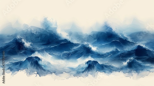 The blue brush stroke texture is a Japanese ocean wave pattern in vintage style. Abstract art landscape banner with watercolor texture modern format. Lines are hand drawn on the canvas.