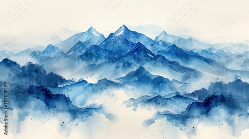 The black and blue oriental natural mountain pattern background with clouds decoration in a vintage style has a watercolor texture painting element.