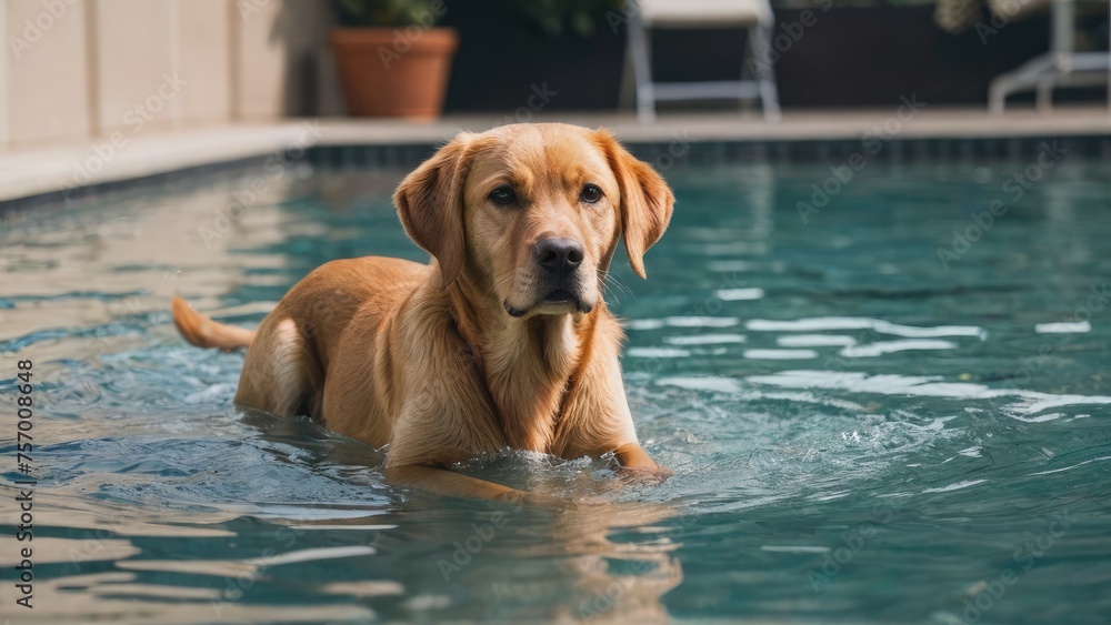 Fox red labrador retriever dog in the swimming pool Fox red labrador retriever dog in the swimming pool