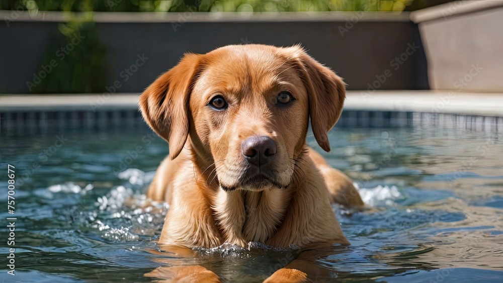 Fox red labrador retriever dog in the swimming pool