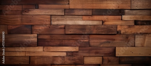 A closeup of a brown hardwood wall made of rectangular wooden blocks, showcasing intricate brickwork and wood stain finish. The building material resembles flooring planks