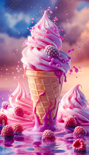 Berry ice cream cone, set against a rainbow sky. Perfect for enchanting dessert campaigns, adversting ice cream photo