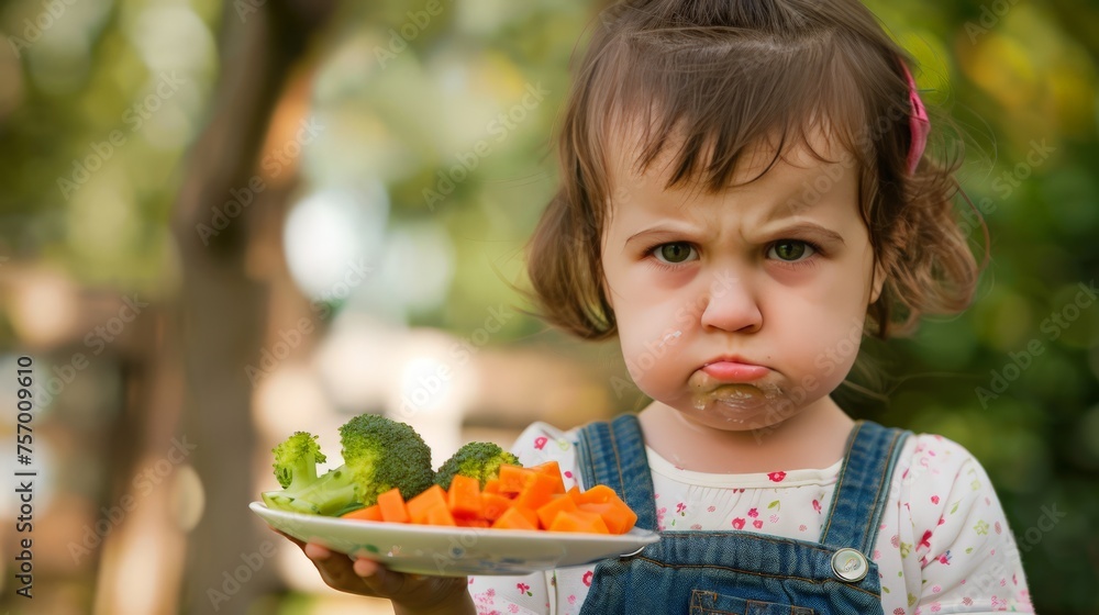 A little girl appears unhappy while holding a plate filled with vegetables, expressing reluctance towards eating healthy food A little girl appears unhappy while holding a plate filled with vegetables, expressing reluctance towards eating healthy food