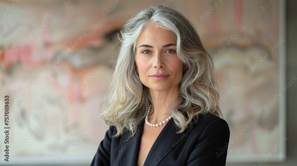 a friendly business woman with gray hair and a pearl necklace on solid color background with copyspace