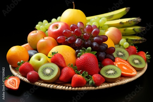 Assortment of fresh fruits in a colorful basket  ideal for healthy eating and balanced diet concept.