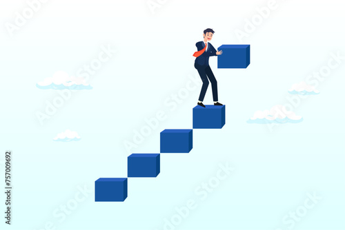 Businessman building staircase to progress ascending business growth, build business success stairs, self development or career growth and job improvement, growing up or job promotion (Vector) photo