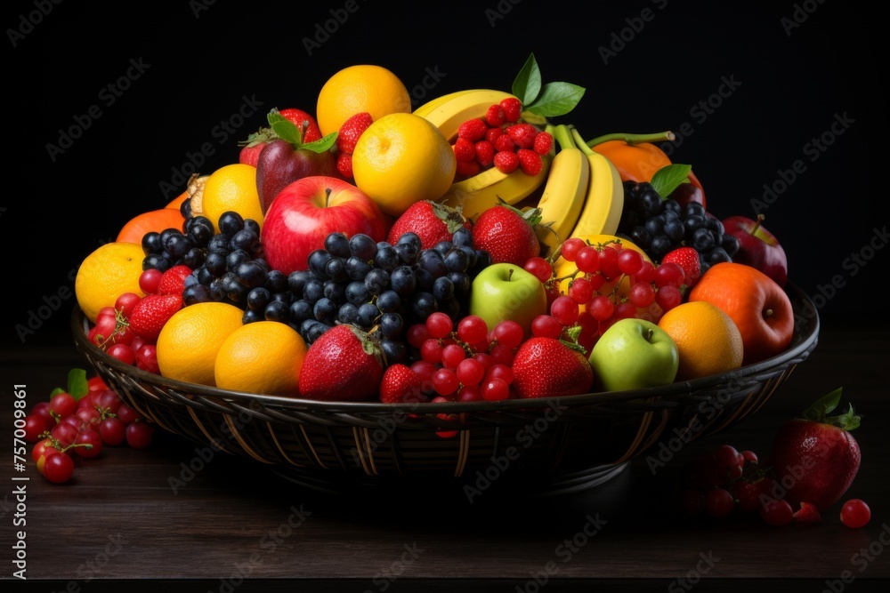 Colorful fruit basket with fresh berries, bananas, apples, and citrus fruits for healthy living Colorful fruit basket with fresh berries, bananas, apples, and citrus fruits for healthy living
