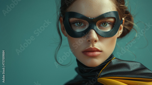 a mysterious business woman with a mask and a cape on solid color background with copyspace