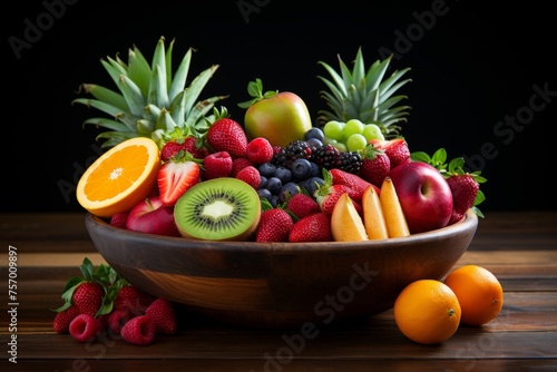 Fresh fruit basket with berries, bananas, apples, and citrus fruits for vibrant display and snacking