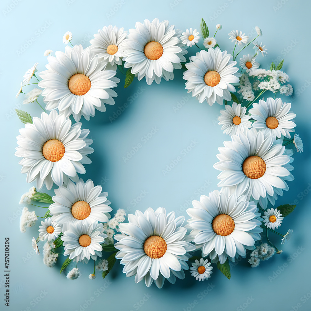 Obraz premium Daisy flower frame, isolated on a blue background, Spring Frame