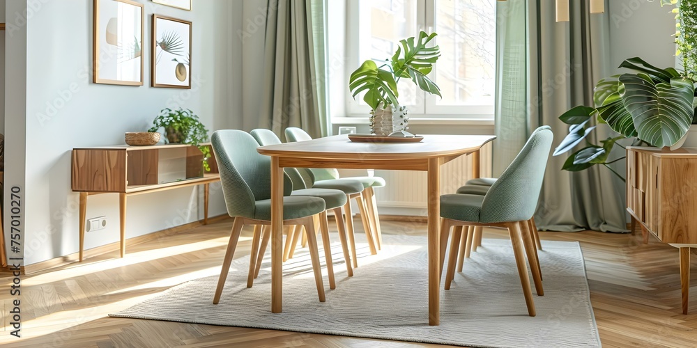 Modern dining space featuring chic mint chairs and a wooden table. Concept Home Decor, Dining Room Design, Mint Chairs, Wooden Table, Modern Style
