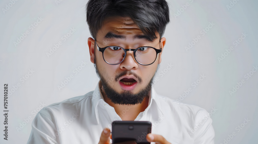 Close up photo of a 23-year-old asian guy with beard and glasses in white shirt, showing shocked reaction to cellphone