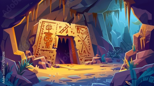 A prehistoric cave with drawings on the wall. Modern cartoon illustration of a mountain tunnel, an underground cave, a tribal cavern with primitive art, ancient petroglyphs, an archeology museum