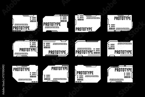 Vector sci fi geometric stickers futuristic shapes in different forms badges in cyberpunk style graphic design template