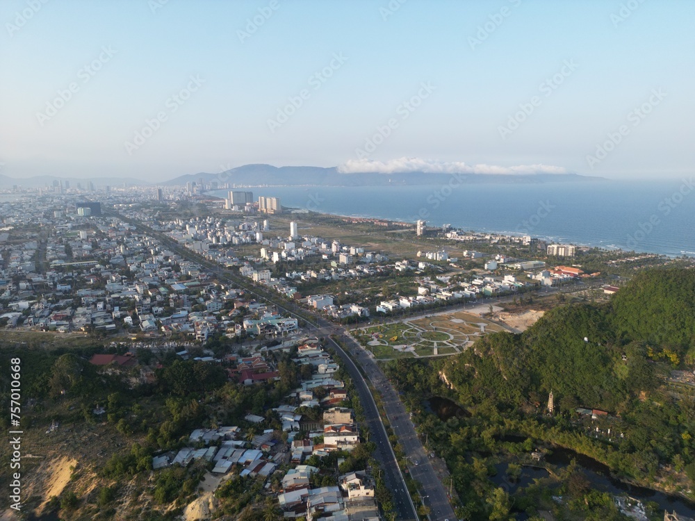 Drone photo of Danang city and South China Sea, area near Marble Mountains, Vietnam, Asia