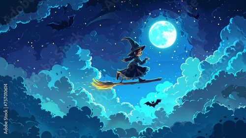 Cartoon Halloween illustration of a young witch on a broomstick flying in the sky at night on a background of a dark blue sky with clouds and a full moon.