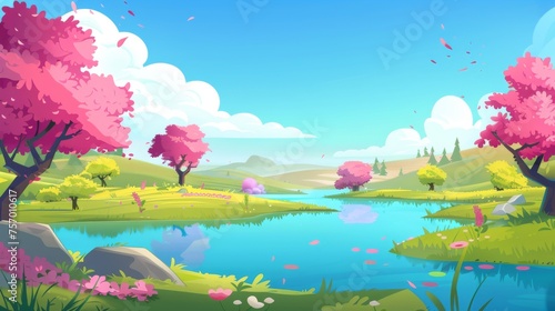 In this cartoon, spring landscape is depicted with pink flowering trees surrounding a lake on a sunny day. This is a modern scene with blue water in a pond, green grass on the shore, wildflowers,