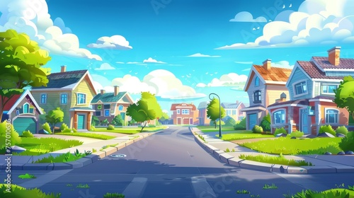 Cartoon illustration of summer suburban landscape with row of houses on street and green grass on the roads, yards and driveways. Town scene with neighborhood cottages and blue sky with clouds.