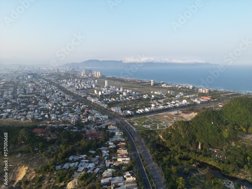 Drone photo of Danang city and South China Sea, area near Marble Mountains, Vietnam, Asia